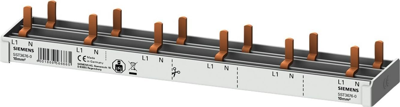 Siemens Busbar 1P+N 10mm2 pin 12 module pentru 6x (AFDD 5SM6 + 6x 5SV1 / 5SL60) izolație completă 5ST3676-0