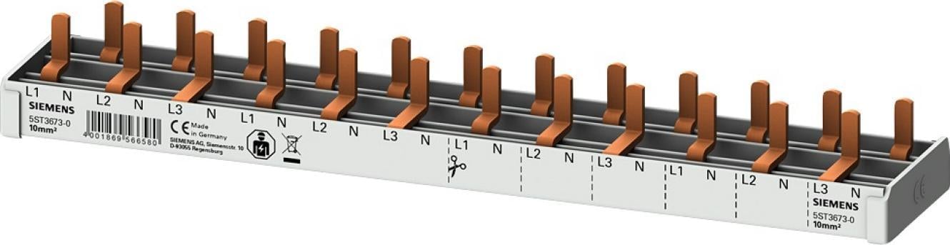 Siemens 3P+N 10mm2 pini bară, 12 module pentru întrerupătoare înguste 1P+N (5SV1 5SV6 5SL60), izolație completă 5ST3673-0