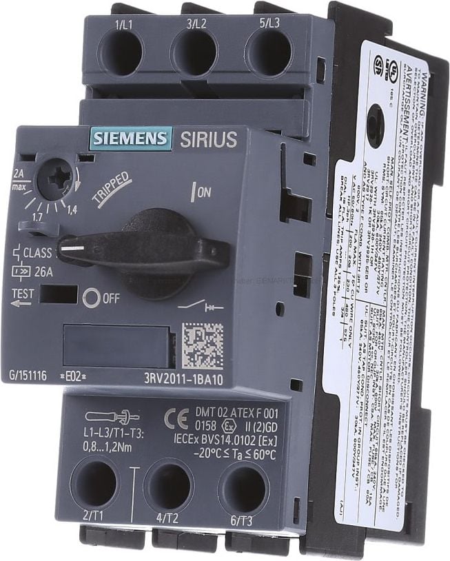 Comutator protectie motor Siemens 3P 0,75kW 1,4-2A S00 (3RV2011-1BA10)