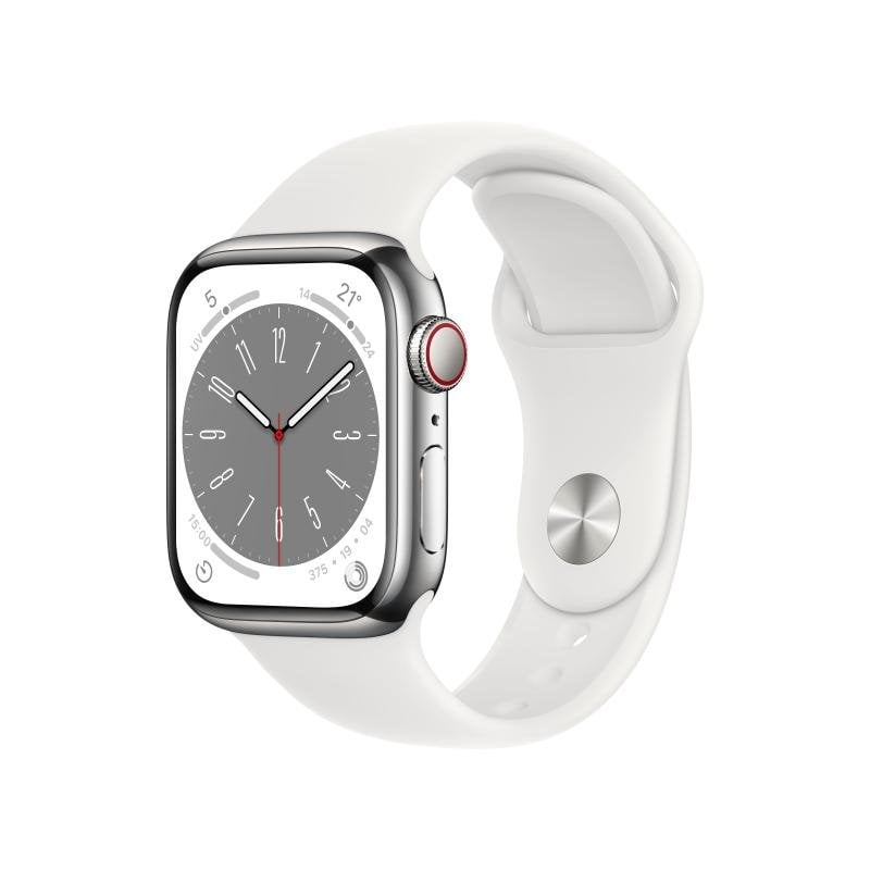 Apple Watch Series 8 GPS + Ceas inteligent celular 41 mm argintiu oțel inoxidabil alb sport (MNJ53WB/A)