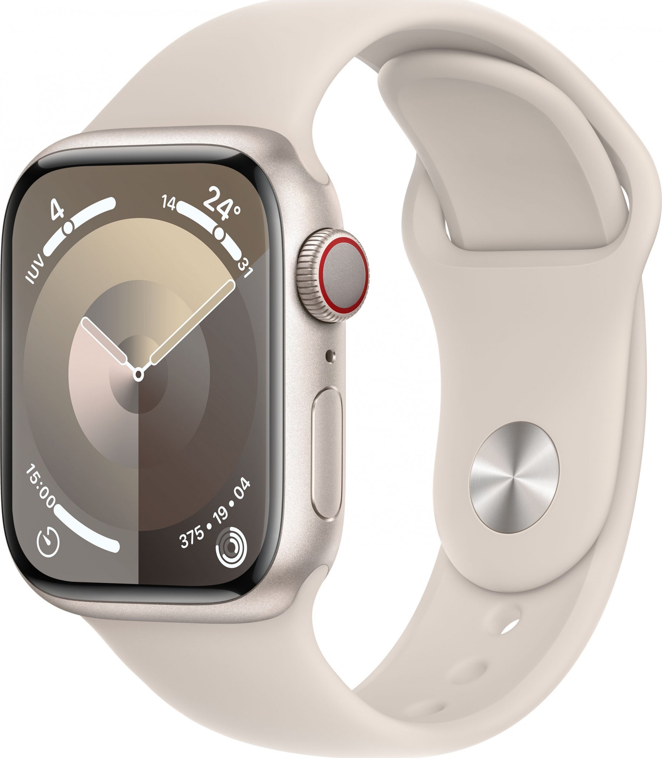 Smartwatch Apple Watch Series 9 GPS + Cellular, 41mm Koperta z aluminium w kolorze księżycowej powiaty z paskiem sportowym w kolorze księżycowej powiaty - S/M