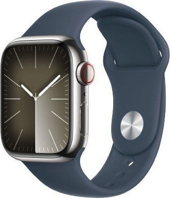 Smartwatch Apple Watch Series 9 GPS + Cellular, 41mm Koperta ze stali nierdzewnej w kolorze srebrnym z paskiem sportowym w kolorze sztormowego błękitu - M/L