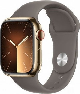 Smartwatch Apple Watch Series 9 GPS + Cellular, 41mm Koperta ze stali nierdzewnej w kolorze złotym z paskiem sportowym w kolorze popielatego bršzu - S/M