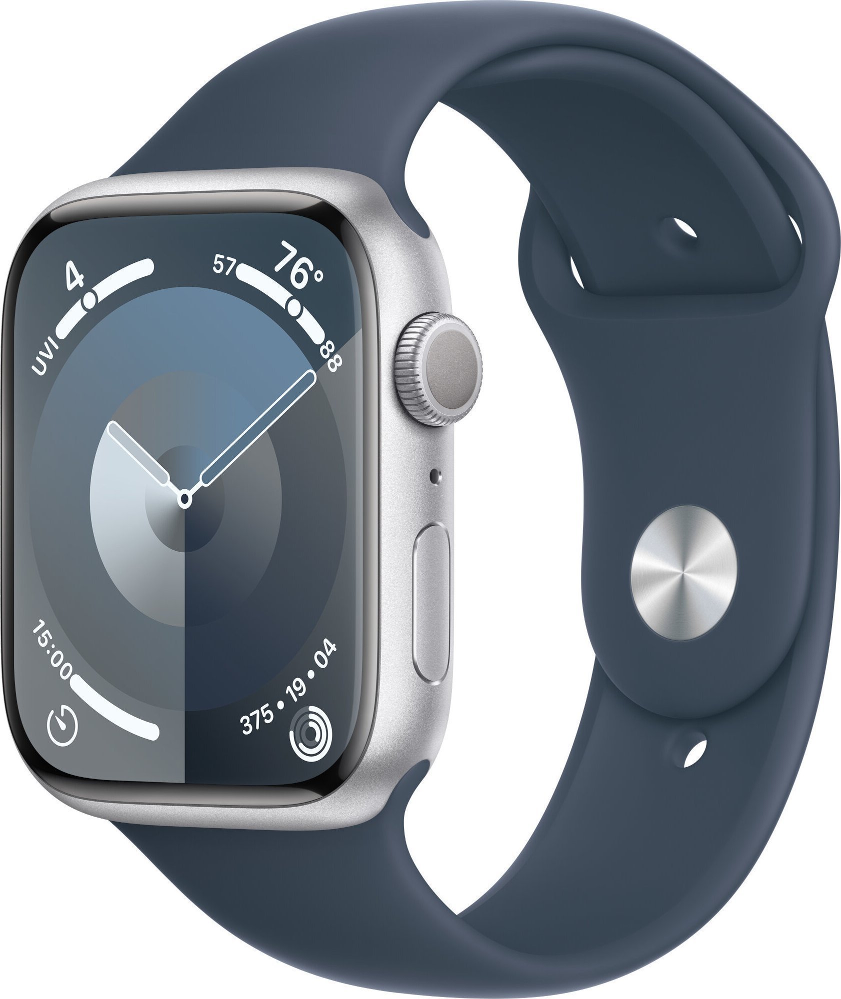 Smartwatch Apple Watch Series 9 GPS + Cellular, 45mm Koperta z aluminium w kolorze srebrnym z paskiem sportowy w kolorze sztormowego błękitu - S/M