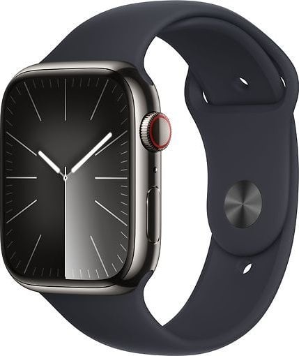 Smartwatch Apple Watch Series 9 GPS + Cellular, 45mm Koperta ze stali nierdzewnej w kolorze mocnego grafitu z paskiem sportowym w kolorze północy - M/L