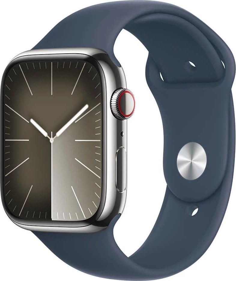 Smartwatch Apple Watch Series 9 GPS + Cellular, 45mm Koperta ze stali nierdzewnej w kolorze srebrnym z paskiem sportowym w kolorze sztormowego błękitu - M/L