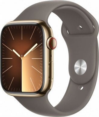 Smartwatch Apple Watch Series 9 GPS + Cellular, 45mm Koperta ze stali nierdzewnej w kolorze złotym z paskiem sportowym w kolorze popielatego bršzu - M/L