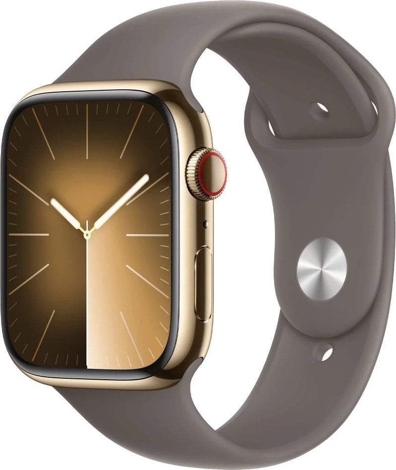 Smartwatch Apple Watch Series 9 GPS + Cellular, 45mm Koperta ze stali nierdzewnej w kolorze złotym z paskiem sportowym w kolorze popielatego bršzu - S/M