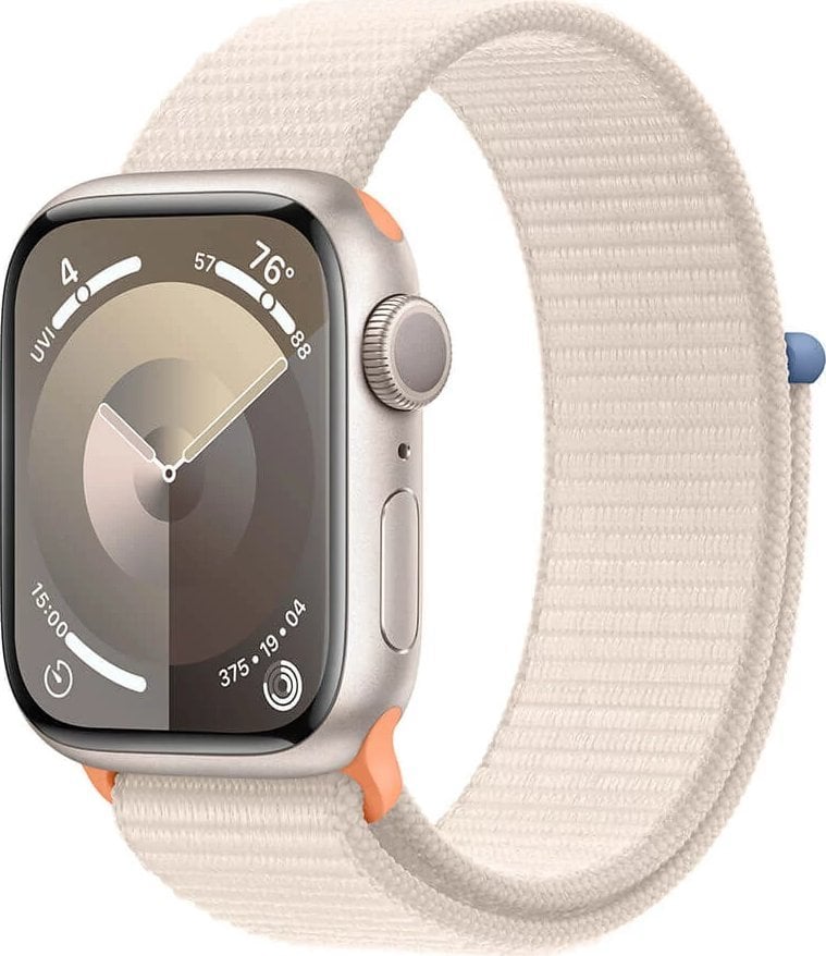 Smartwatch Apple Watch Series 9 GPS, 41mm Koperta z aluminium w kolorze księżycowej powiaty z paskiem sportowym w kolorze księżycowej powiaty - M/L