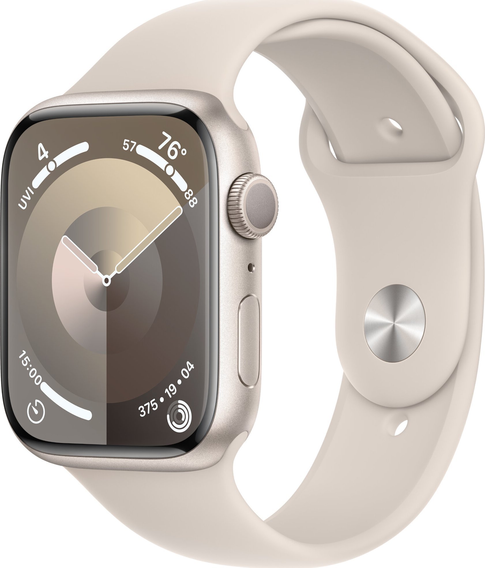 Smartwatch Apple Watch Series 9 GPS, 45mm Koperta z aluminium w kolorze księżycowej powiaty z paskiem sportowym w kolorze księżycowej powiaty - M/L