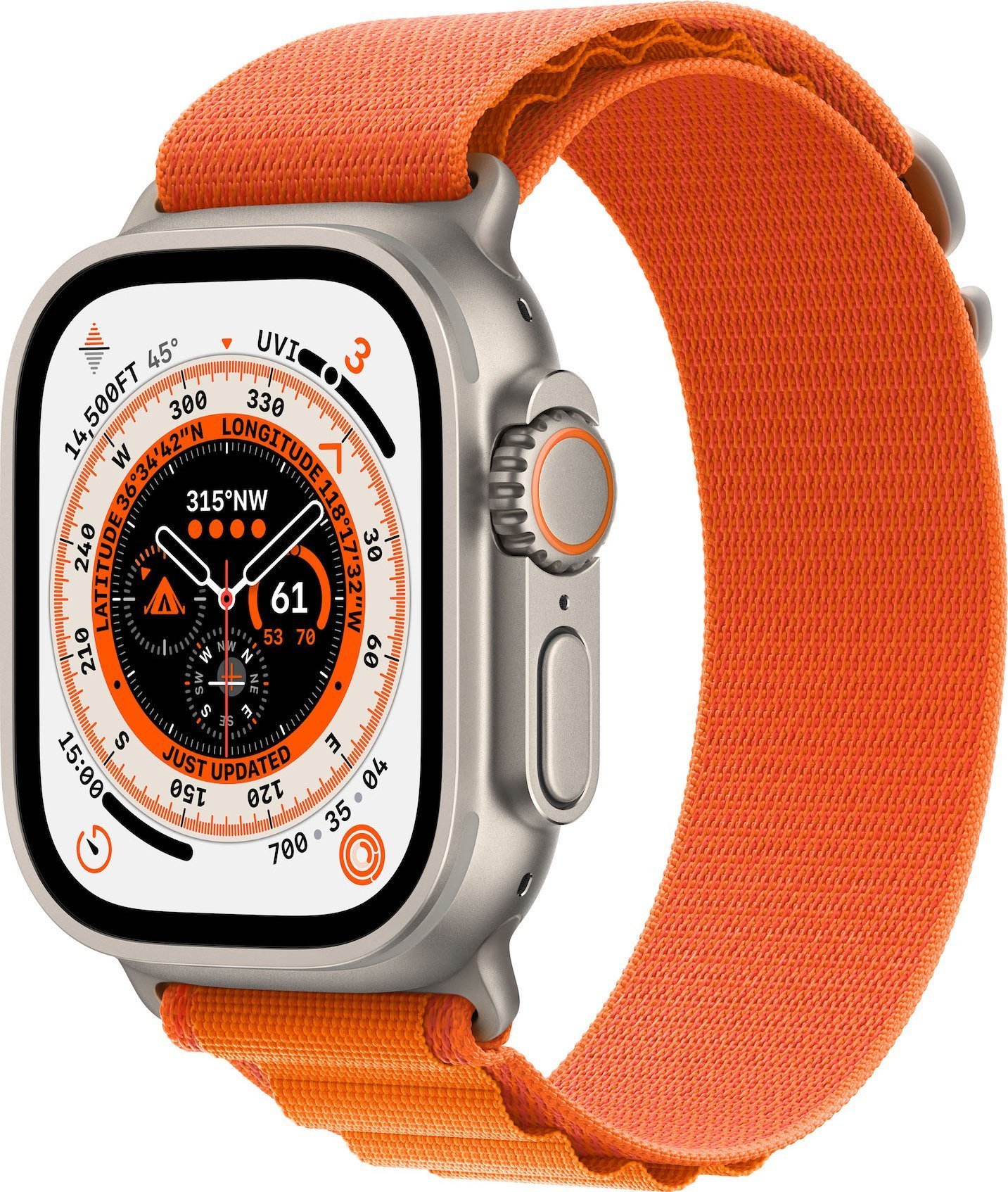 Apple Watch Ultra GPS + Ceas inteligent celular 49 mm Carcasă din titan Alpine Loop Mic portocaliu (MNHH3FD/A)