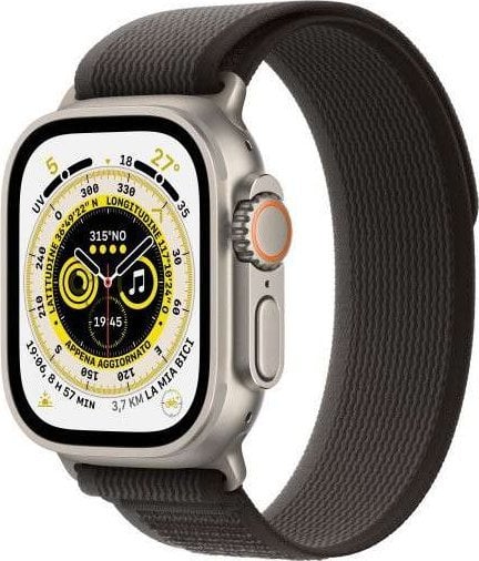 Apple Watch Ultra GPS + Ceas inteligent celular 49 mm Carcasă din titan Trail Loop Mic/Mediu Negru/Gri (MQFW3FD/A)