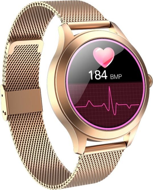 Smartwatch Maxcom FW42, Stainless steel, bratara plasa metalica, Auriu