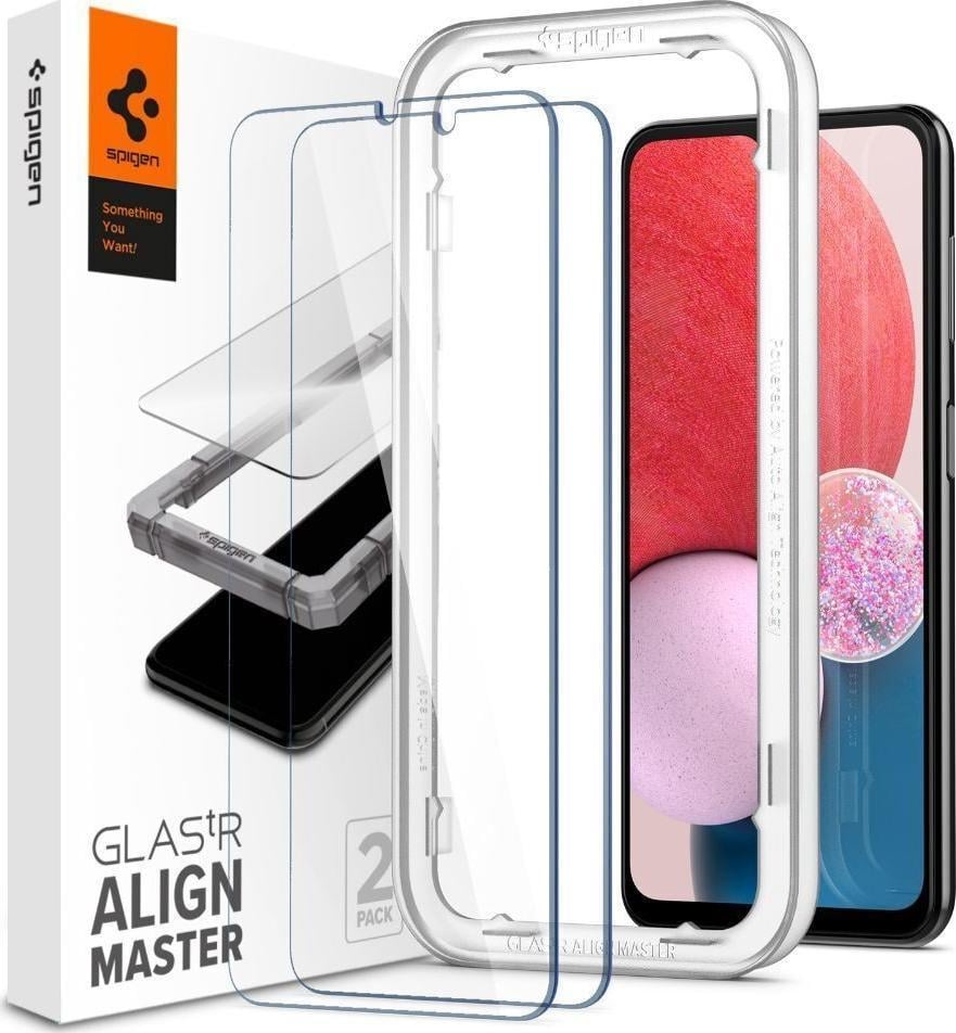 Set 2 folii sticla transparenta cu sistem de montare Case friendly Spigen ALM GLAStR compatibil cu Samsung Galaxy A13 4G