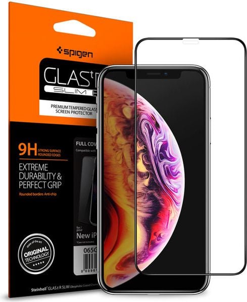 Folii protectie telefoane - Folie de protectie Tempered Glass pentru Iphone XS Max, Spigen, Negru