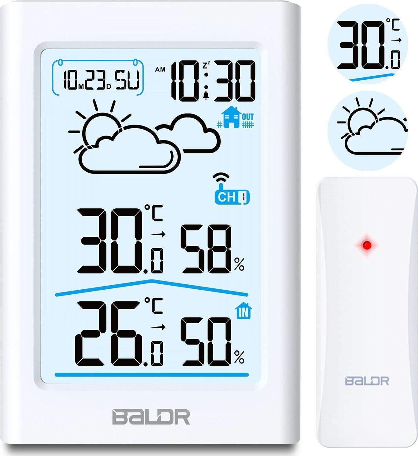 Stație meteo cu afișaj BD-911 alb,măsurarea temperaturii, umidității,indicator de încărcare a bateriei pentru stație