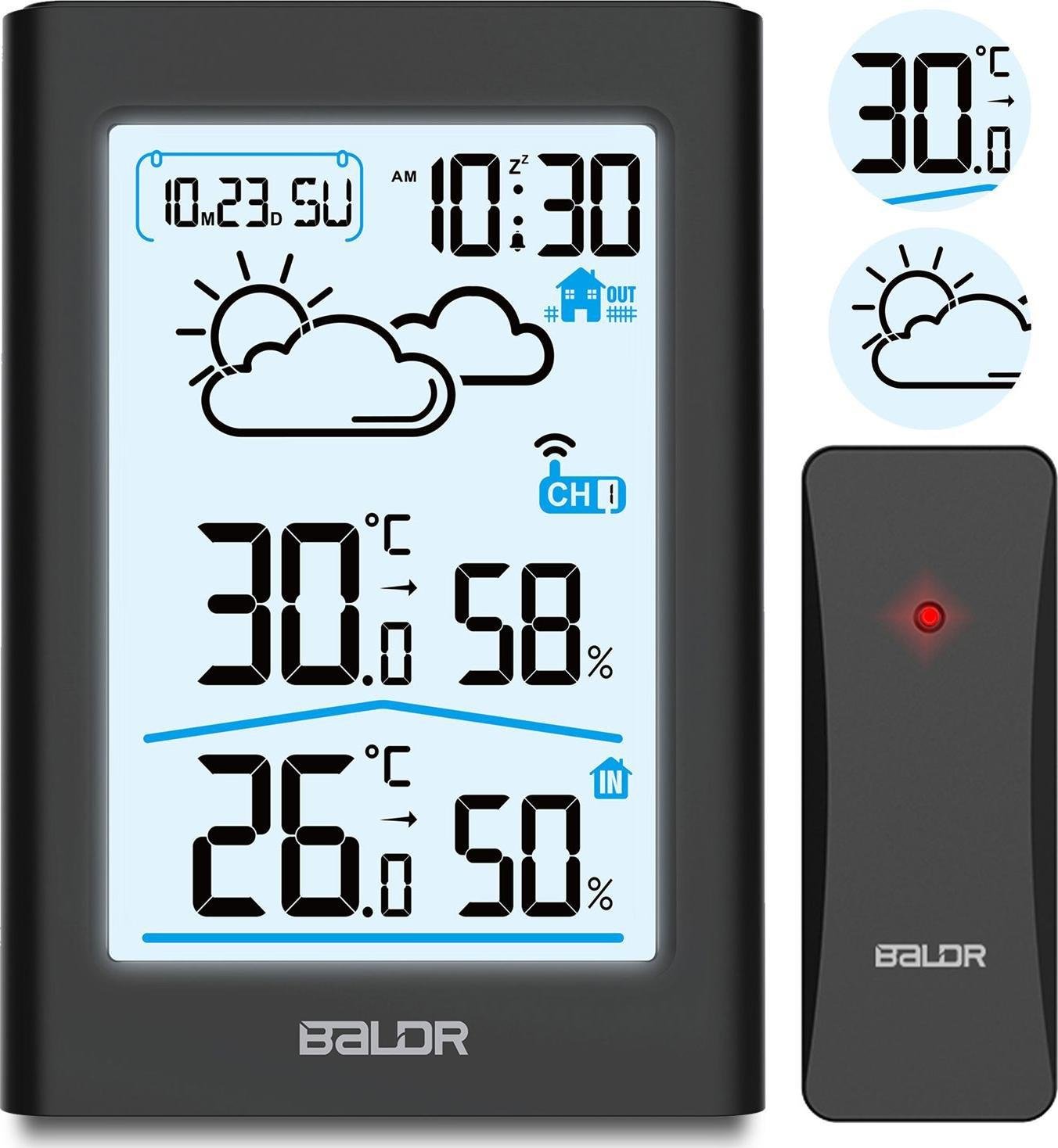 Statii meteorologice -  Stația meteo cu afișaj BD-911 negru,măsurarea temperaturii, umidității,indicator de încărcare a bateriei pentru stație