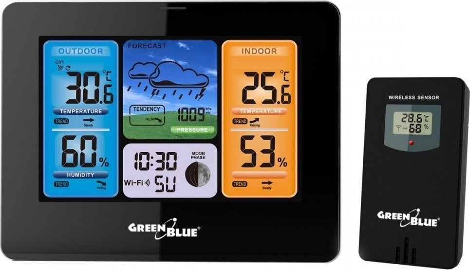 Statie meteo GreenBlue WiFi, compatibila TUYA, senzor exterior, calendar, prognoza meteo, barometru, GB215