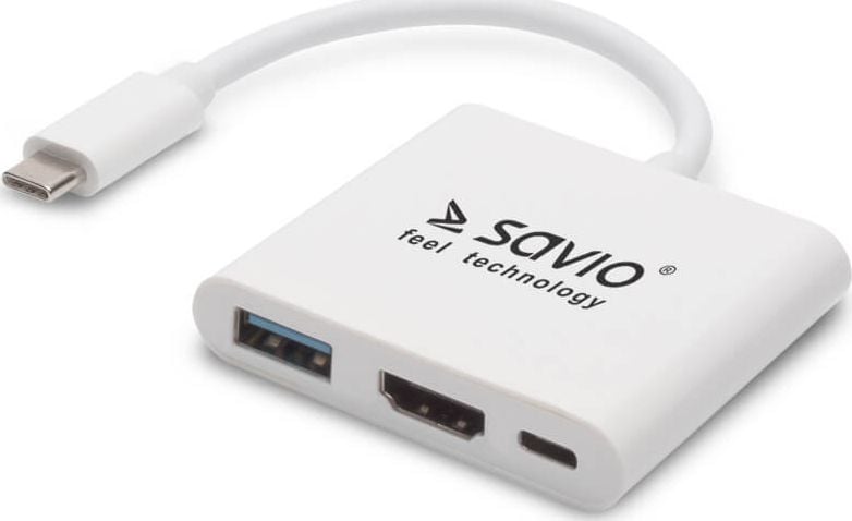 Hub Multiport Savio AK-48, USB Type-C la 1x HDMI, 1x USB 3.0, 1x Power delivery port, alb