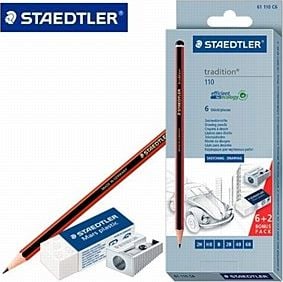 Staedtler Set 6 creioane TRADITION (diferite grade de moliciune si duritate) + radiera + ascutitoare