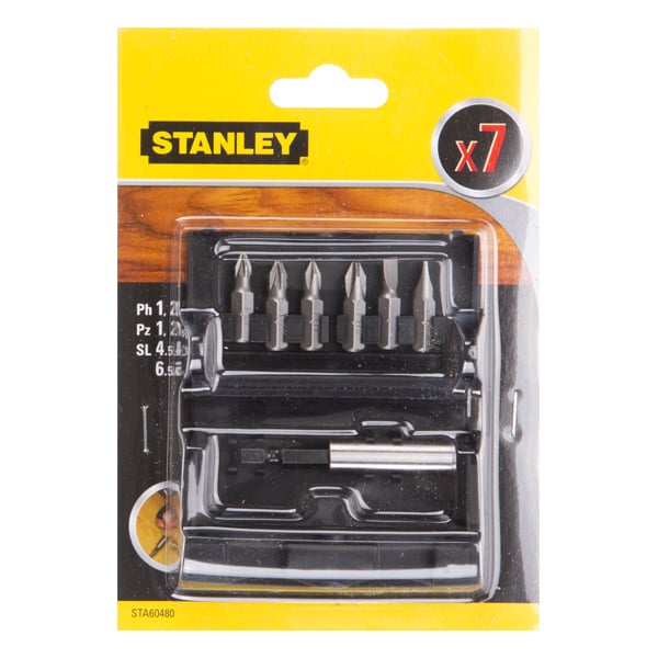 Set 6 varfuri de insurubat +1 adaptor, Pz1- 2 buc, PH1-2, Drept 4.5 6.5 STA60480-XJ Stanley 25mm: Pz1, Pz2, Ph1, Ph2 , Sl4.5, Sl6.5. Adaptor magnetic.