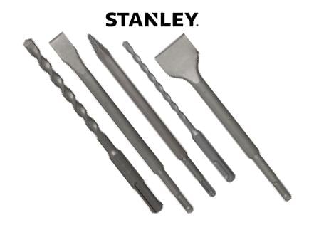 Set de 5 piese cu prindere sds-plus Stanley cu varf de carbura tungsten pentru zidarie 1 burghiu 6 x160 si 1 burghiu 8 x 160 mm), un spit si 2 dalti 20 mm si 38 mm