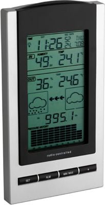 Statie meteo digitala Gaia cu senzor extern wireless TFA S35.1083.54, Valori Min/Max, Simboluri meteo, Tendinta presiune atmosferica, Alarma pentru temperatura, furtuna, Ceas controlat radio cu alarma, Data, Iluminare