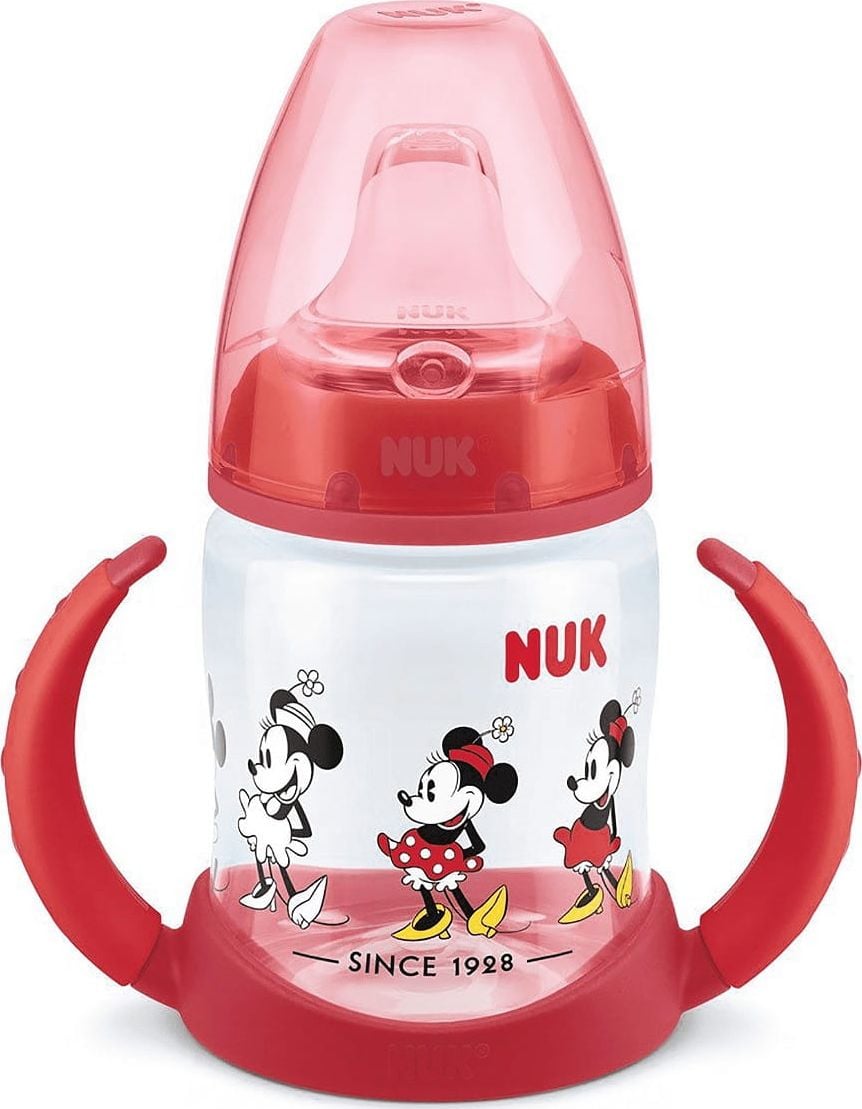 Sticla de antrenament Minnie Mouse NUK cu maner si indicator de temperatura 150 ml rosu Nuk