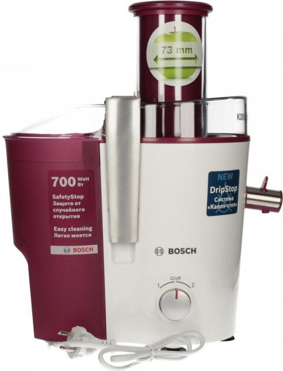 Storcatoare - Storcator de fructe si legume Bosch MES25C0, 700 W, Recipient suc 1.25 l, Recipient pulpa 2 l, 2 Viteze, Tub de alimentare 73 mm, Rosu/Alb