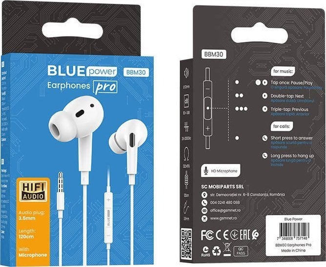 Căști Blue Power CĂști IN-EAR BLUE POWER CU MICROFON BBM30 PRO 3.5MM 1.2M ALB standard
