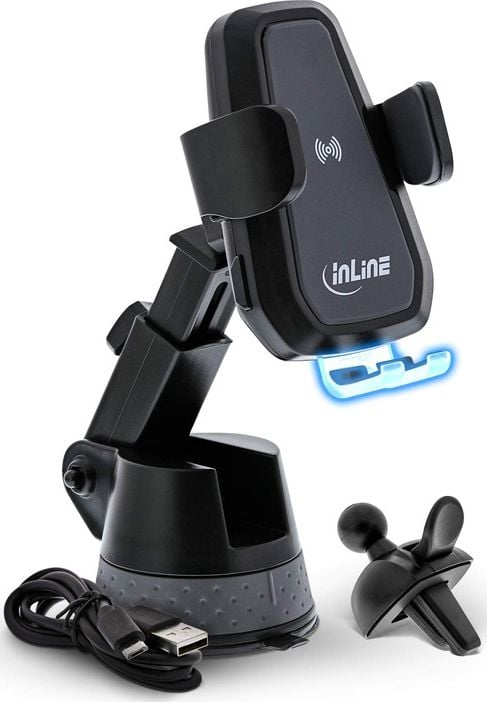 suport pentru smartphone-ul InLine electric cu ventuză și monta un spațiu de ventilație, universal retractabil încărcător,, fără fir