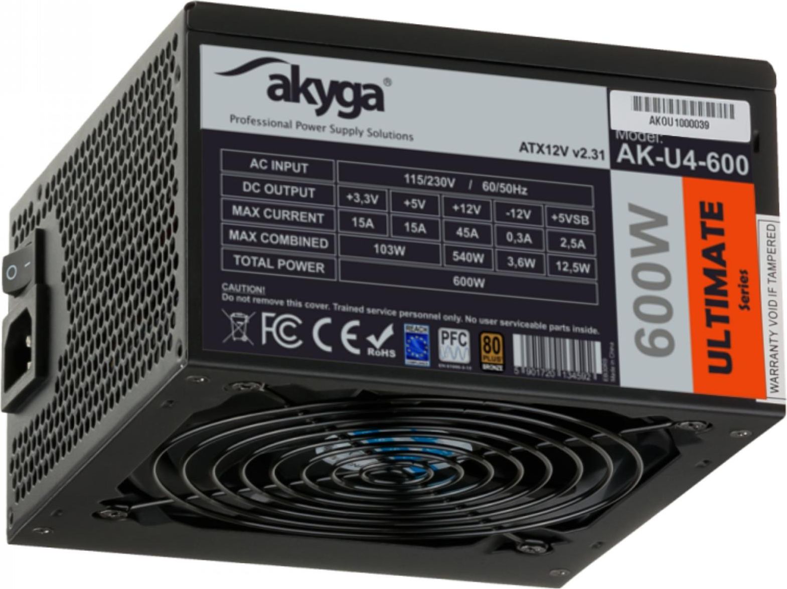 Sursa alimentare Akyga AK-U4-600 Ultimate, 600W, ATX, 80 PLUS Bronze