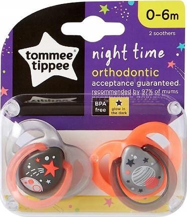 Suzete ortodontice de noapte Tommee Tippee ONL, 0-6 luni, 2buc, Gri/Portocaliu