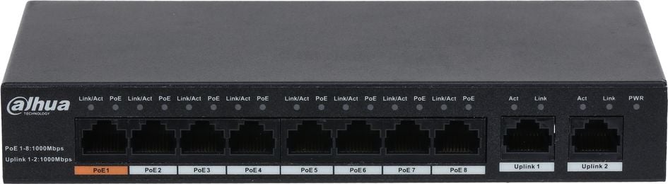 Switch cu 8 porturi PoE Dahua PFS3010-8GT-96, 4000 MAC, 20 Gbps, fara management, PoE