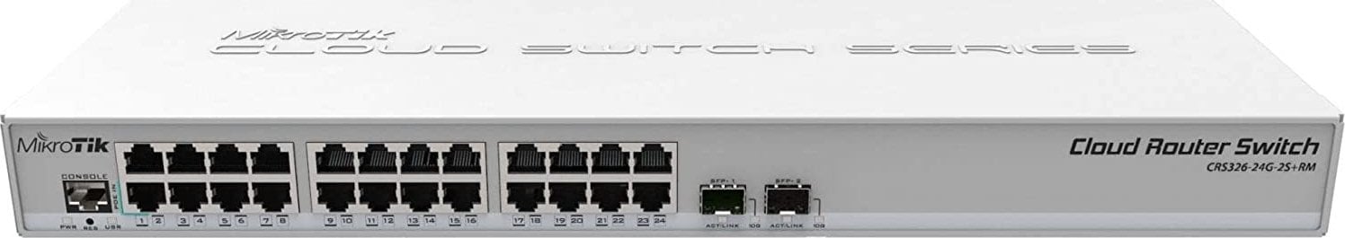 Switch Mikrotik, Cloud Router CRS326-24G-2S+RM, 24x porturi Gigabit, 2x porturi SFP+, carcasa 1U rackmount, Dual boot (RouterOS sau SwitchOS)