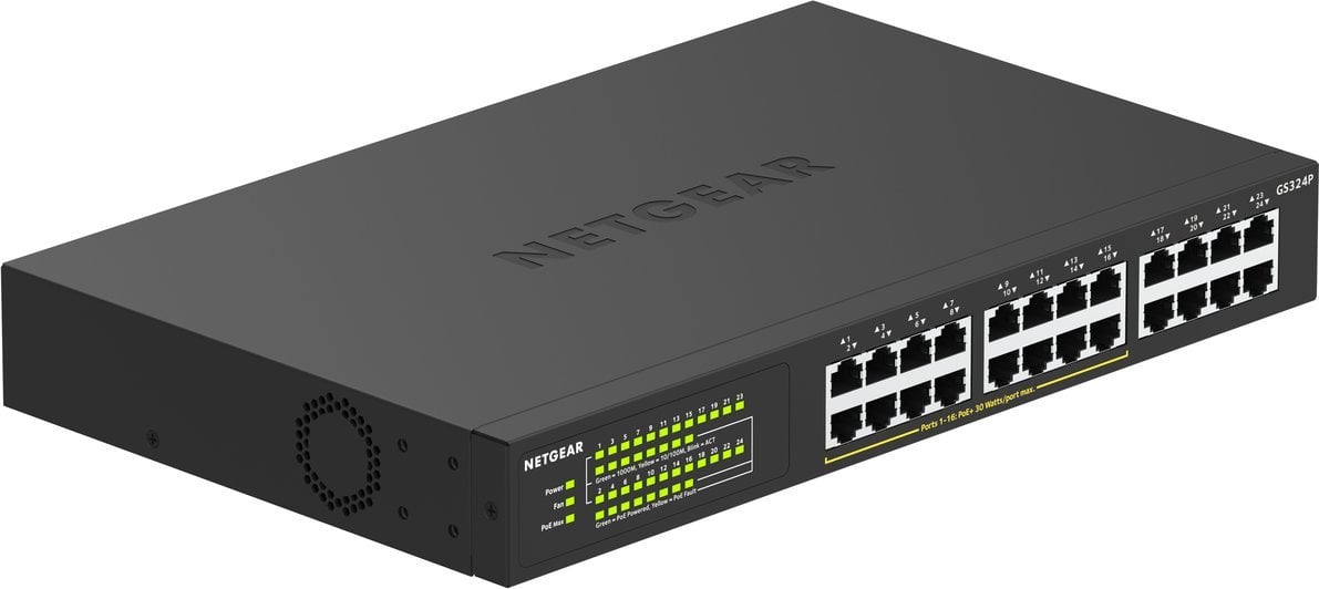 Switch NetGear GS324P, 24 x 10/100/1000 Mbps Gigabit Ethernet cu 16 x POE+ 190W, Desktop/Rackmount, Plug-and-Play, carcasa metal