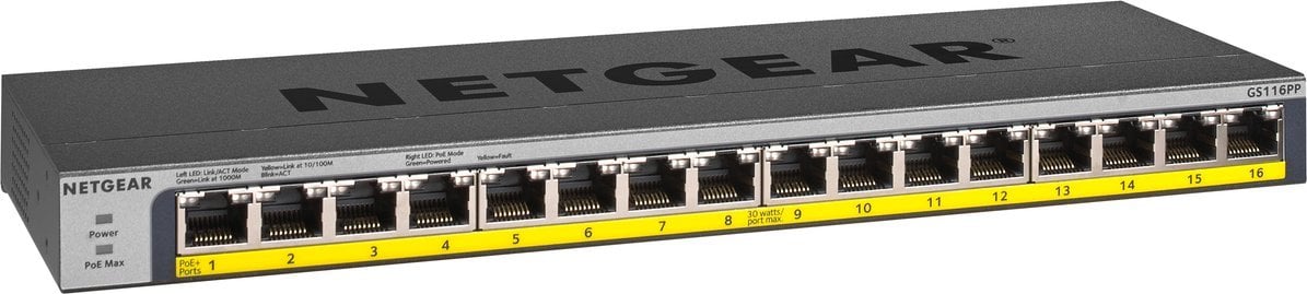 Switch NetGear ProSAFE GS116PP, 16 x 10/100/1000 Mbps Gigabit Ethernet POE/POE+ 183W, Desktop/Wall-mount/Rackmount, ProSAFE Lifetime Protection