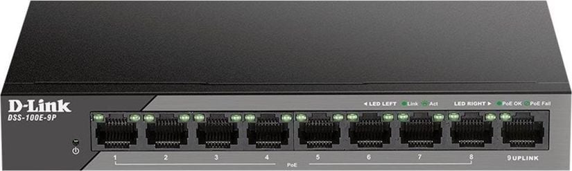 Switch-uri cu management - Switch PoE D-LINK Unmanaged DSS-100E-9P 8 porturi 10/100Mbps si 1 x Gigabit Uplink, 8 PoE, carcasa metalica