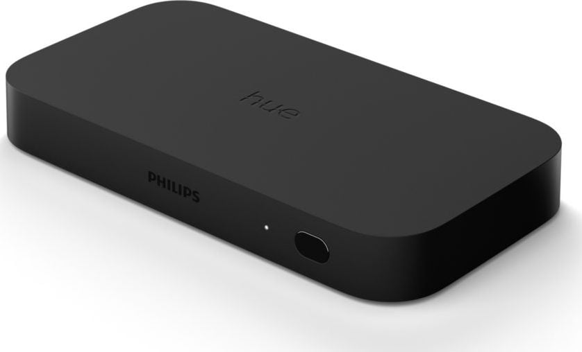 Sync Box Philips Hue HDMI, pentru sincronizare lumini, Wi-Fi, 4 porturi, receptor IR, Up to 4K 60Hz HDR10+ &amp; Dolby Vision, Asistenti vocali Amazon Alexa si Google Assistant