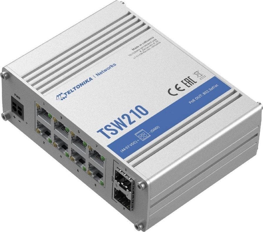 Sistem de transfer al semnalului AV Teltonika Comutator negestionat Teltonika TSW210, 8x Gigabit Ethernet, 2x SFP, carcasă din aluminiu