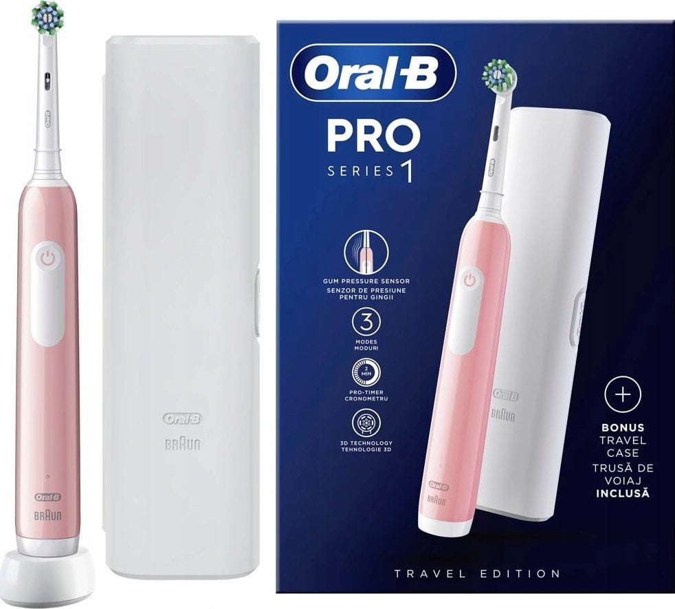 Periuța electrică Oral-B PRO 1 CROSS ACTION + HUSA ROZ, Pentru adulti, Reîncărcabil, Cu un senzor de forță de presiune,Durata de viata a bateriei 40 de minute