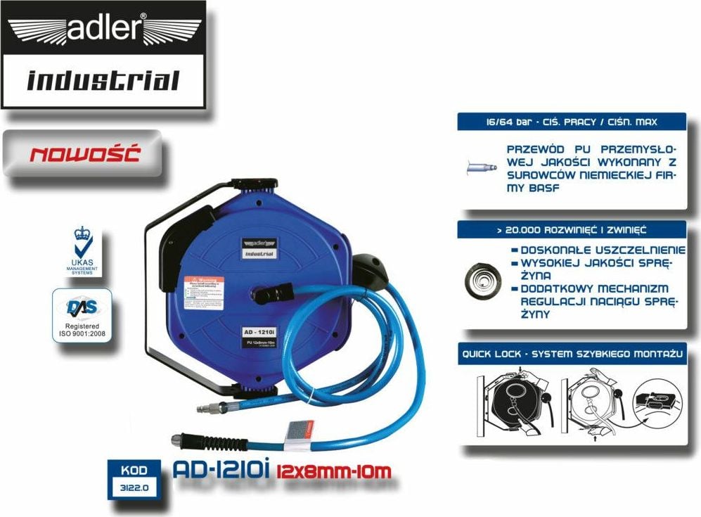 Tambur furtun aer, automat 12x8mm 10m 64 bari ADLER AD-1012i MA3122.0