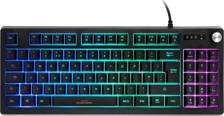 Tastatura compacta RGB DELTACO GAMING DK230, TKL Membrane, 25 taste Anti-Ghosting, reglare volum, negru