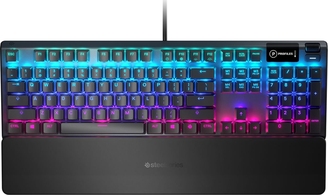 Tastatura gaming SteelSeries Apex 5, iluminare RGB, contacte mecanice hybrid-blue, display OLED, Negru