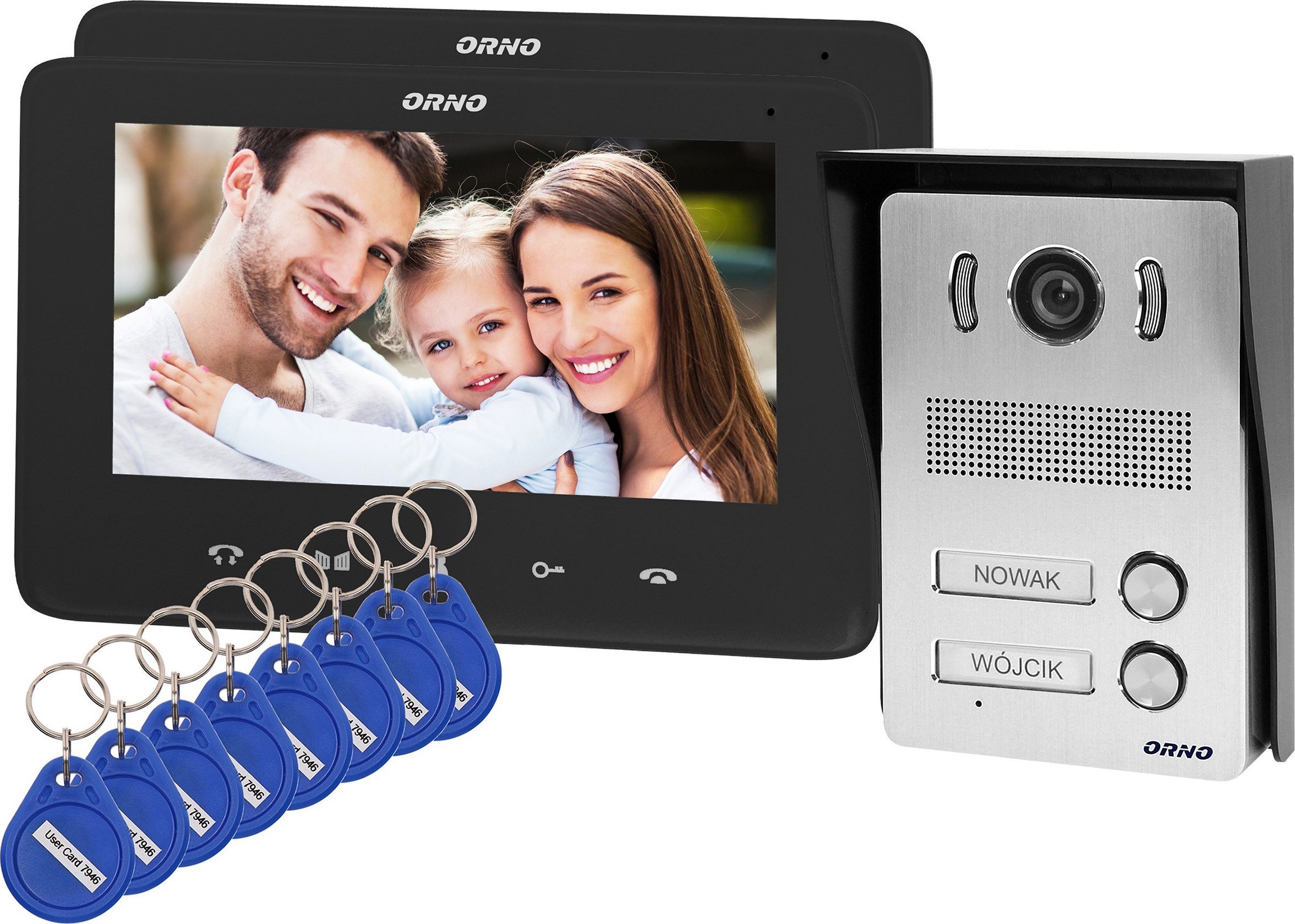 Casti bluetooth telefoane - Telefon Orno Set video interfon handsfree pentru 2 familii, color, LCD 7", cu cititor pentru chei, interfon, montat pe suprafata, INDI MULTI N