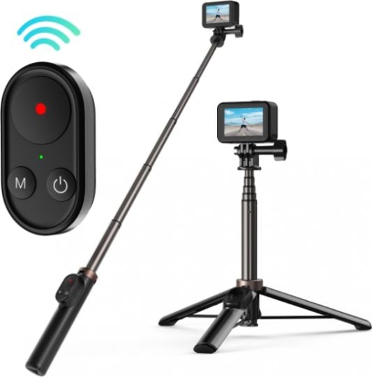 Selfie stick Telesin pentru camere video sport GoPro, USB-C, 65 mAh, Aluminiu, Reglabil, 60cm, Telecomanda inclusa, Negru