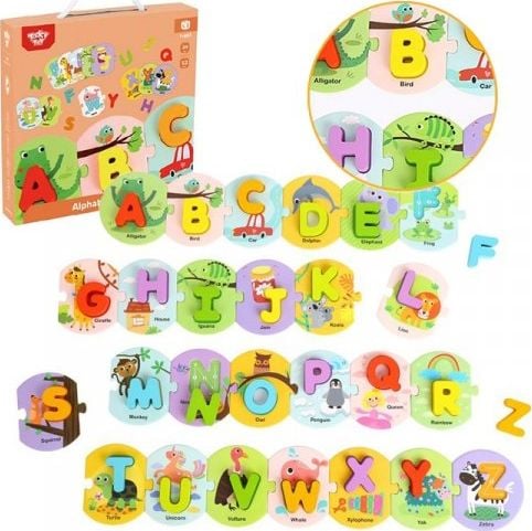 Tooky Toy TOOKY TOY Puzzle Jigsaw Puzzle Învățare litere alfabetului Cuvinte alfabet Blocuri groase 26 el.