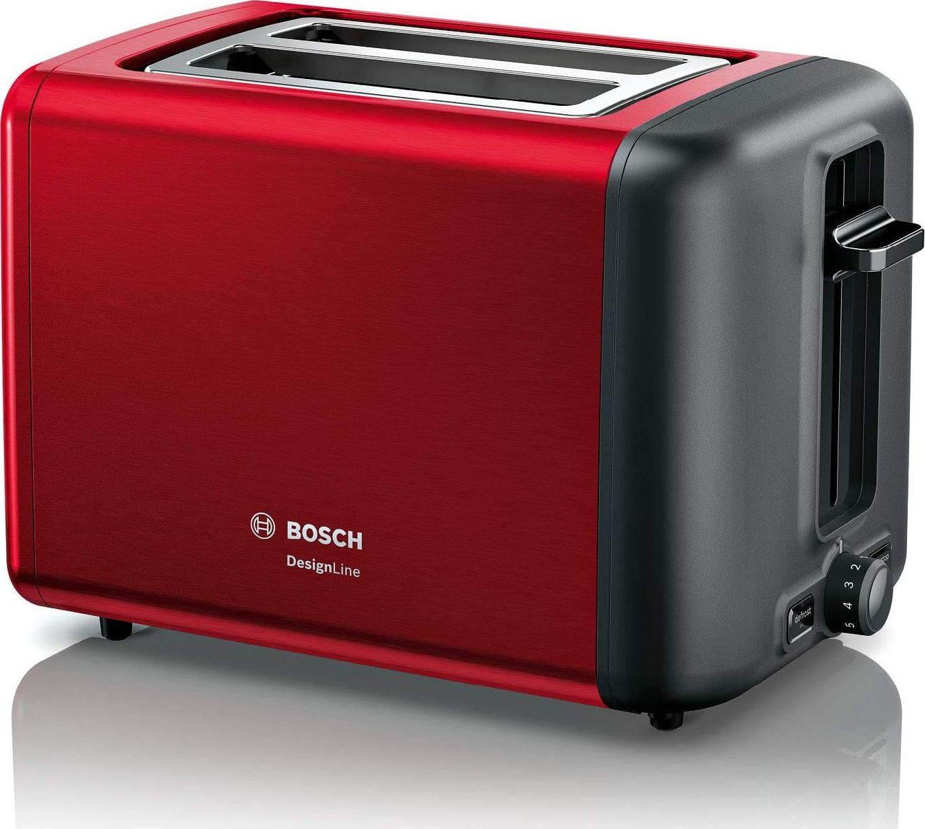 Toster Bosch Bosch TAT3P424DE DesignLine kompaktowy toster, funkcja rozmrażania / podgrzewania, chowana nasadka do bułek, automatyczne wyłączanie, 970 W, czerwony