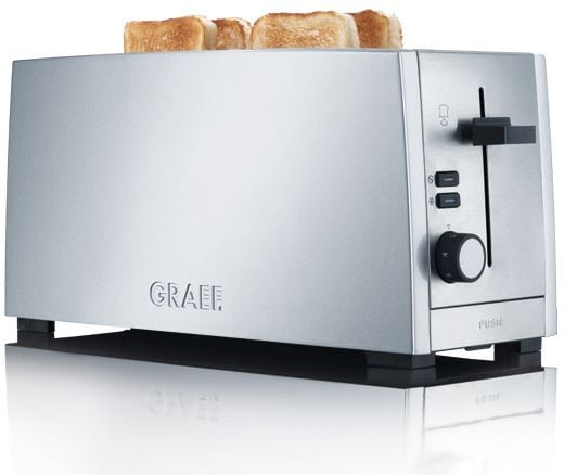 Prajitoare - Prajitor de paine Graef, TO100, pentru baghete si felii de paine, capacitate 4 felii, atasament pentru chifle inclus, grad de rumenire ajustabil, functie dezghetare, tavita firimituri detasabila, argintiu
