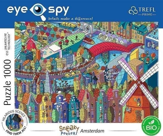 Puzzle Trefl 1000 Eye-Spy Sneaky Peekers Puzzle-ul Trefl 1000 Eye-Spy Sneaky Peekers Amsterdam este un joc de puzzle din Polonia. Trefl este numele companiei care produce puzzle-ul, 1000 se referă la numărul de piese care alcătuiesc puzzle-ul, iar E